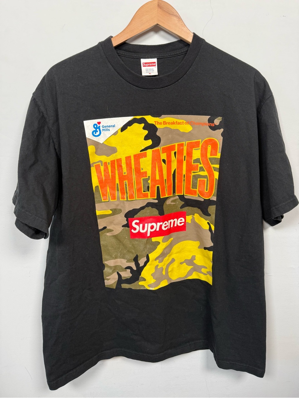 Supreme x Wheaties Box Logo Tee Black Camo Graphic Shirt SS21 Size XL